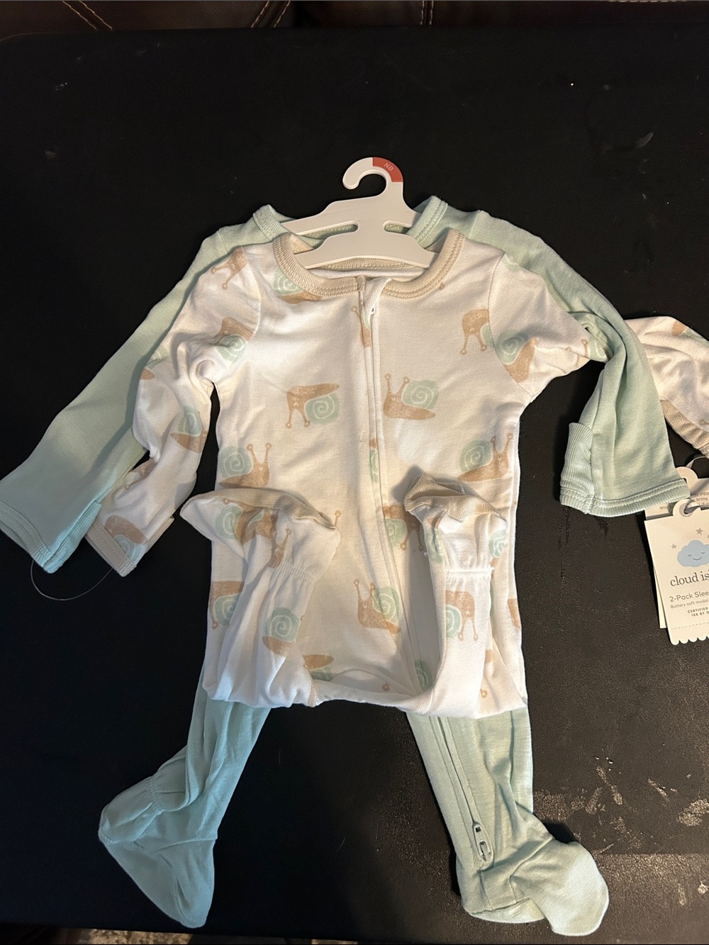 Cloud Island Snail-Print Footed Pajamas in Mint and Cream